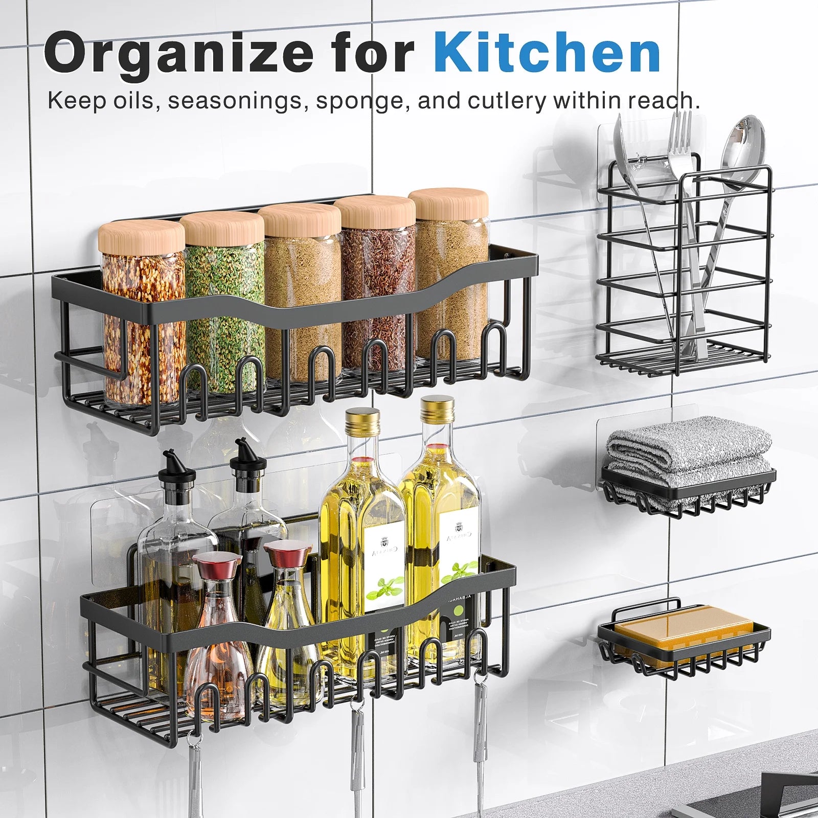 Shower Caddy, Shower Shelves 5 Pack, Adhesive Shower Organizer for Bathroom & Kitchen, No Drilling, Large Capacity, Rustproof SUS304 Stainless Steel Bathroom Organizer, Bathroom Accessories, Black - Puck's