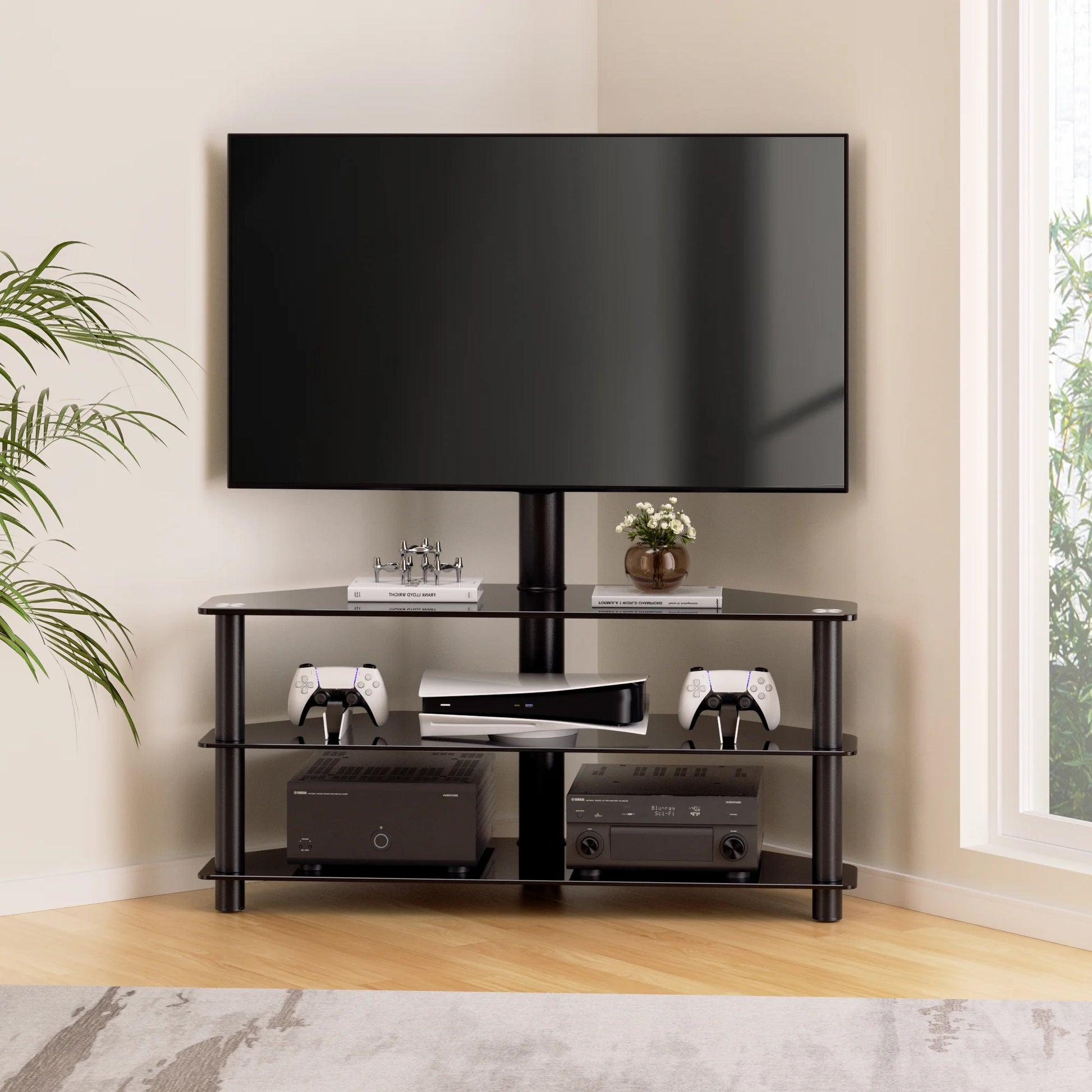 Corner TV Stand, 3-Tier Glass Floor TV Stand with Mount for 32-70" TV - Puck's
