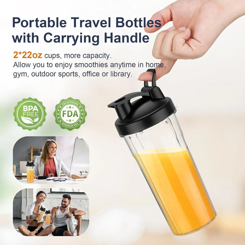 Personal Blender with 2 X 22Oz Travel Bottle and Lid, Portable Smoothie Blender and Coffee Grinder in One, 900W Small Blender Mixer with 6-Leaf Blade for Shakes and Smoothies, BPA Free(Black) - Puck's
