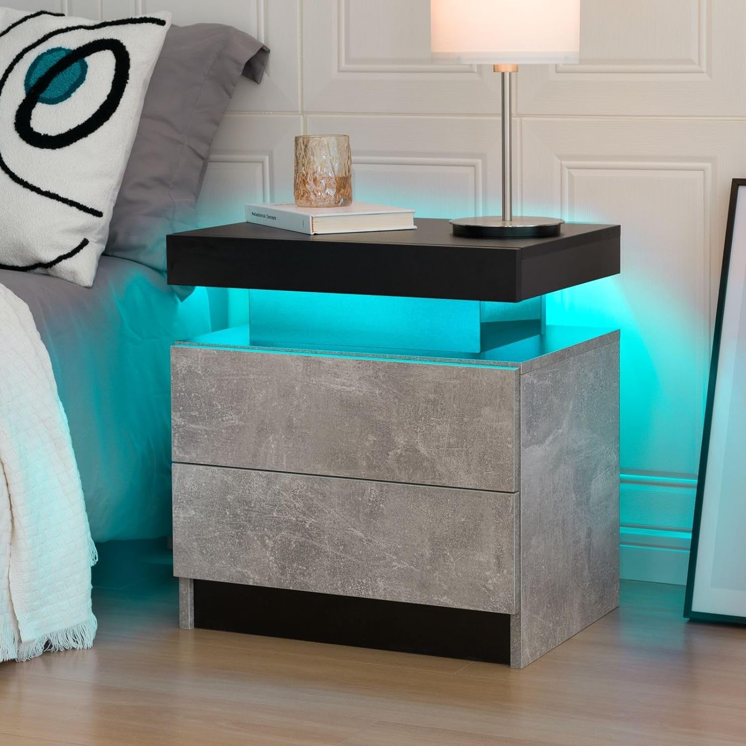 Bedside Table with 2 Drawers, LED Nightstand Wooden Cabinet Unit with LED Lights for Bedroom, End Table Side Table for Bedroom Living Room, Grey - Puck's