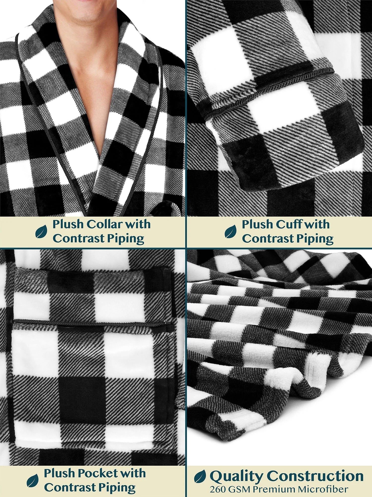 Mens Soft Robe, Plaid White | Warm Fleece Robes for Men, Soft Spa Bathrobe with Piping, Shawl Collar, and Pockets (Black and White Buffalo Plaid Checkered)