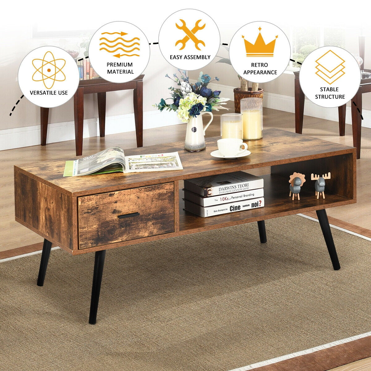 Retro Coffee Table Mid Century Modern Living Room Furniture W/Open Storage Shelf - Puck's