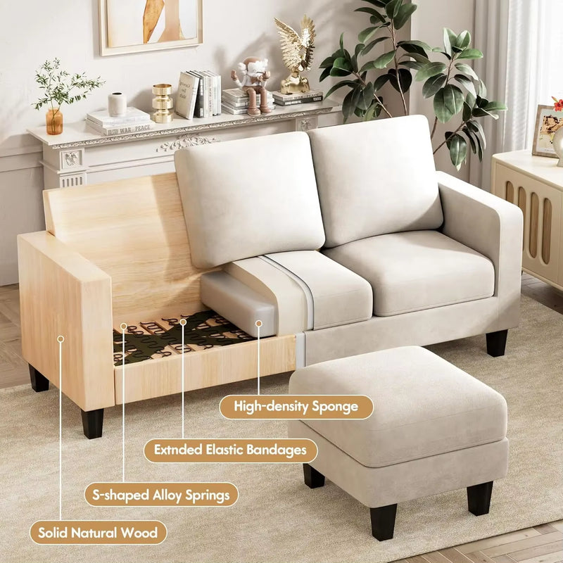 Convertible Sectional Sofa Couch, 3 Seat L-Shaped Sofa with Linen Fabric, Movable Ottoman Small Couch for Small Apartments - Puck's