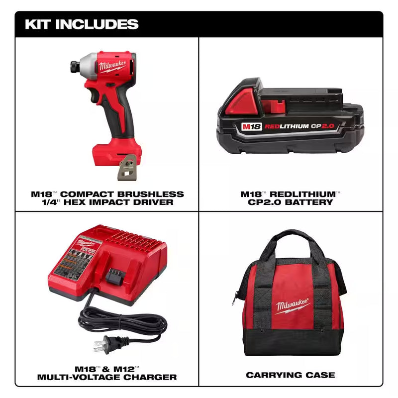 M18 18-Volt Lithium-Ion Compact Brushless Cordless 1/4 In. Impact Driver Kit with One 2.0 Ah Battery, Charger & Tool Bag - Puck's