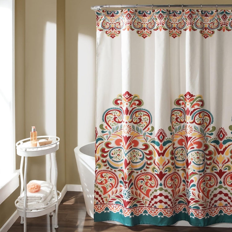 Clara Shower Curtain - Fabric Colorful Boho Paisley Damask Print Design, 72” X 72”, Turquiose & Tangerine - Puck's