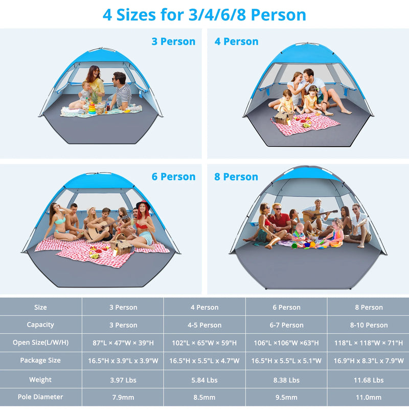 Beach Tent for 3/4/6/8 Person, UPF 50+ UV Protection, Portable Sun Shelter, Easy Setup Sun Shade Beach Canopy with Carry Bag