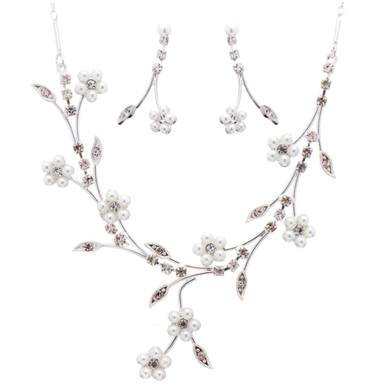 Bridal Wedding Jewelry Set Floral Vine Pearl Rhinestone - Puck's