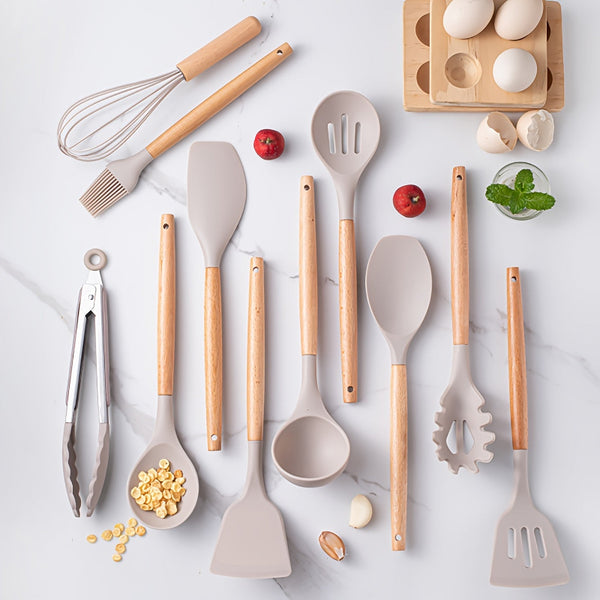 12Piece Grey Silicone Kitchen Utensil Set with Holder - Puck's
