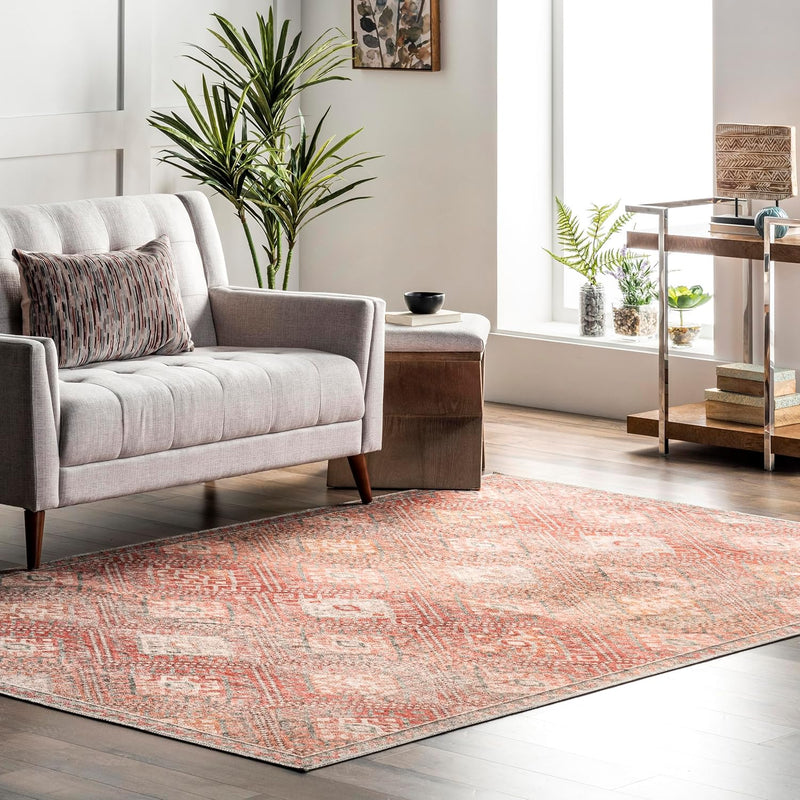 Serenity Machine Washable Diamond Trellis Ultra Thin Area Rug, 4' X 6', Peach - Puck's