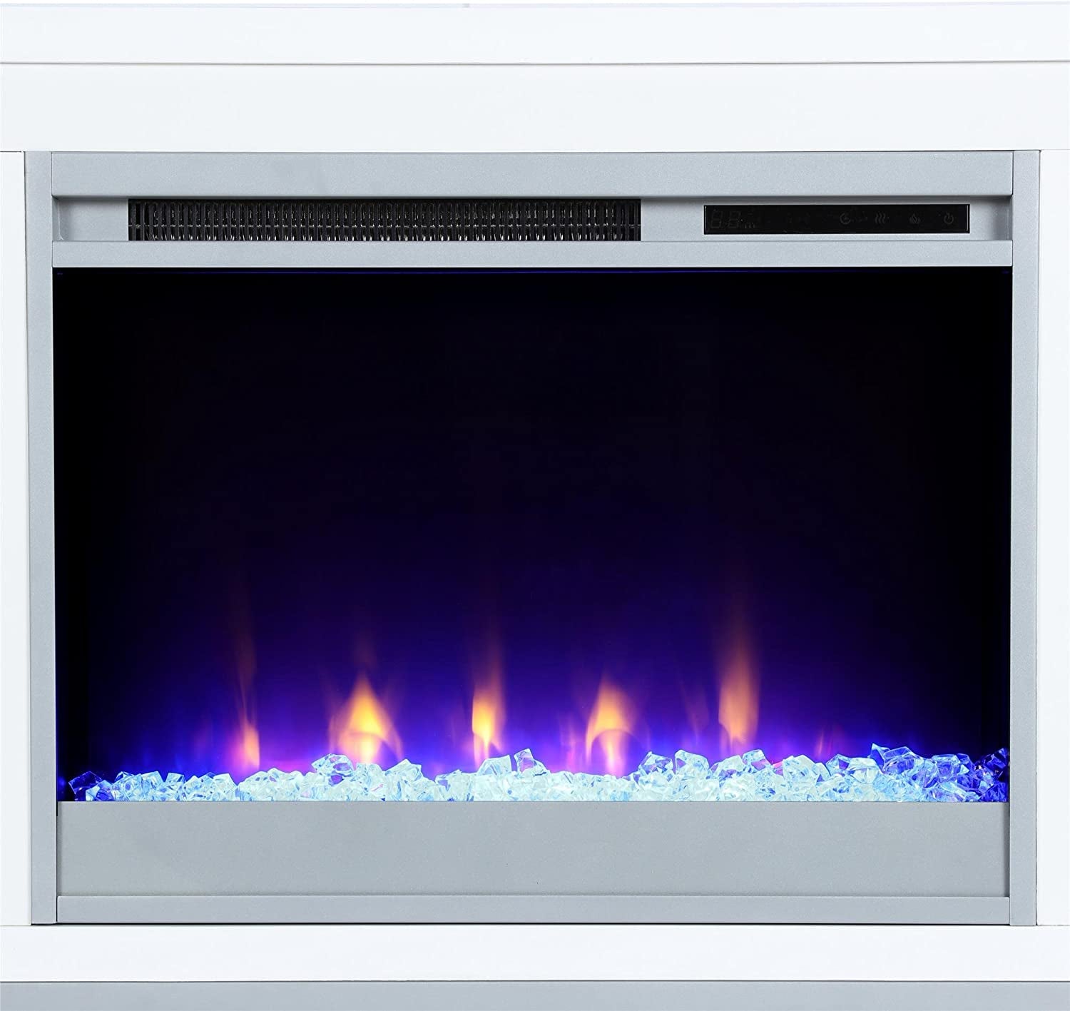 Lumina Fireplace TV Stand for Tvs up to 70 Inch, Replaceable Electric Fireplace Insert Heater, Remote Control, Timer, Color Changing LED Lights, Crystal Ember Flames, White - Puck's