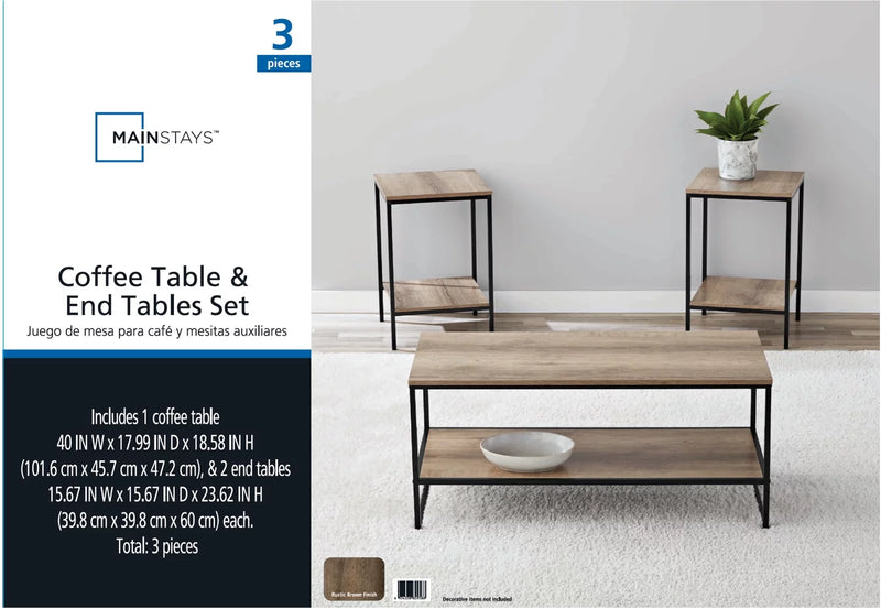 Contemporary 3 Piece Rectangular Particle Board Coffee Table, Rustic Brown - Puck's