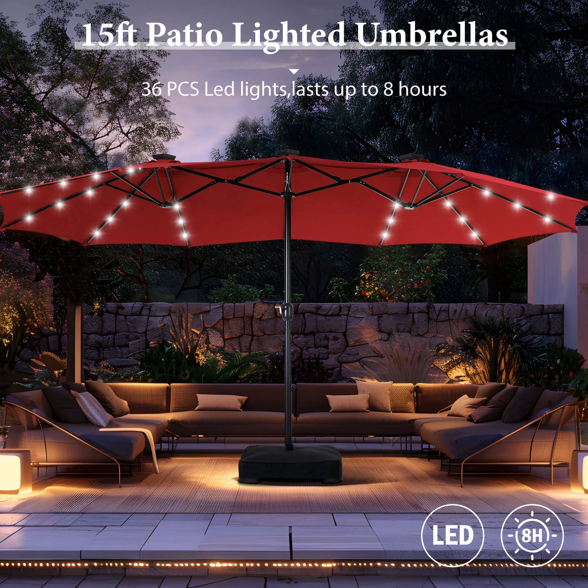 15Ft Double-Sided Solar Patio Umbrella with Base (Included) Large Outdoor Umbrella with Solar Lights - Burgundy - Puck's
