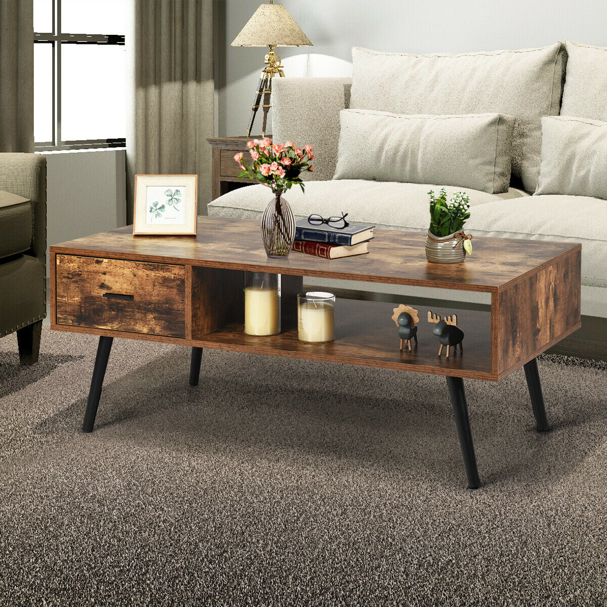 Retro Coffee Table Mid Century Modern Living Room Furniture W/Open Storage Shelf - Puck's