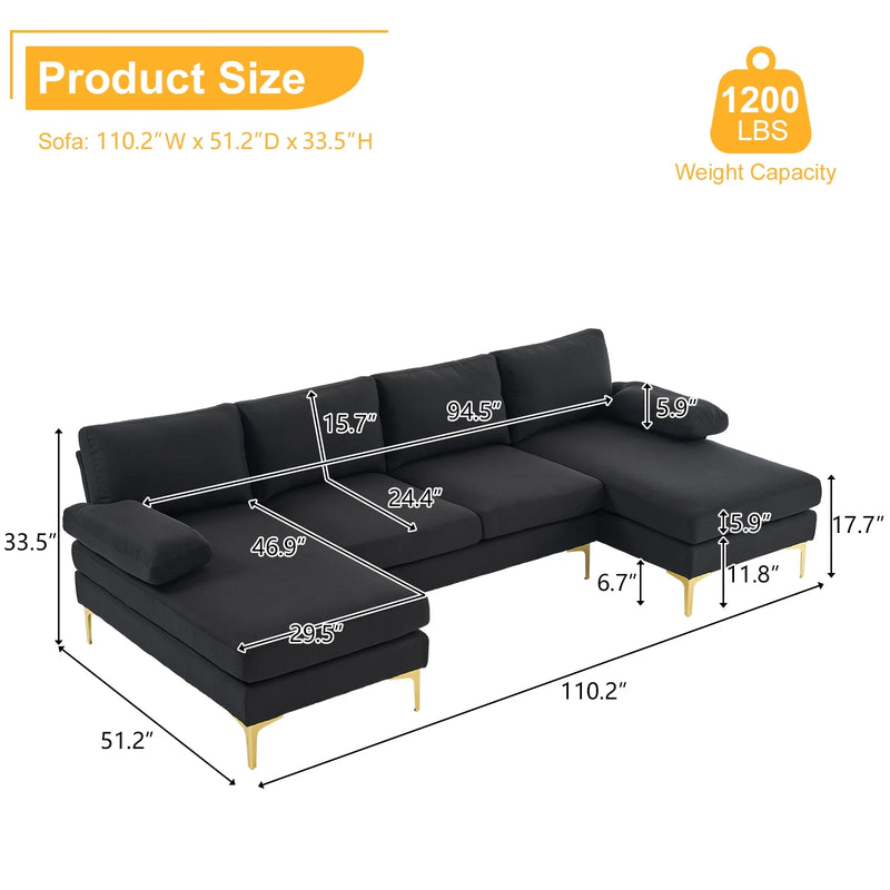 Sectiebank, U-vorm converteerbare bank set met zachte linnen stof, lounge slaapbank met Chaise voor woonkamer 4 zetels zwart - Puck's