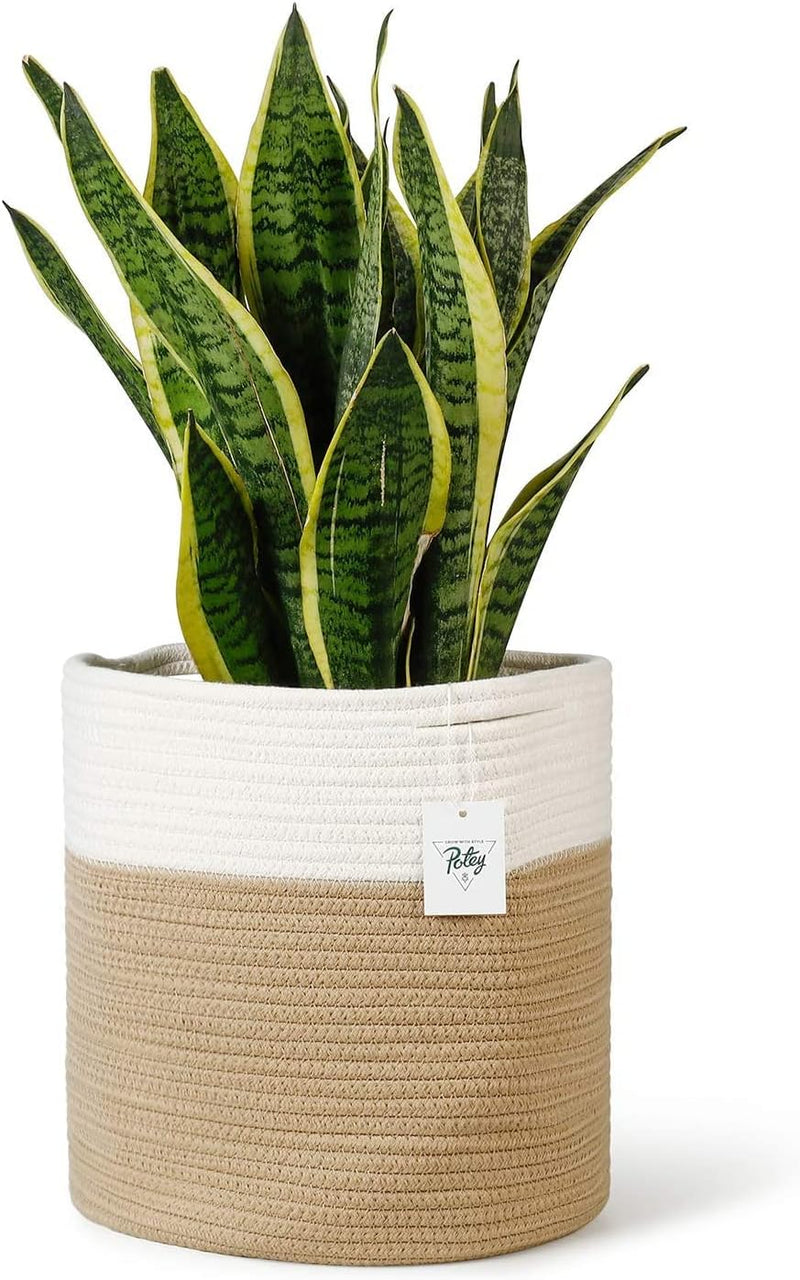 8"X7.5" Basket Planters for Indoor Plants, up to 7.5 Inch Flower Pot, Sturdy Woven Rope Organizer with Handle, Small, White Brown Stripes - Puck's