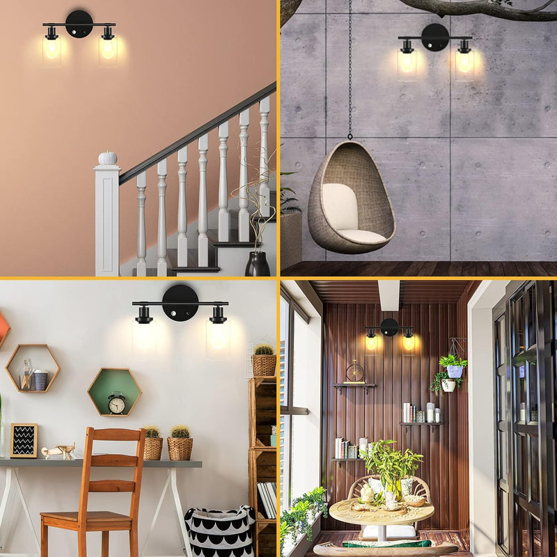 2 Light Bathroom Vanity Lights Fixtures with Motion Sensor, Black Industrial Wall Lighting Sconces with Glass Shade Modern Lamp for Cabinets, Farmhouse, Porch, Corridor, Mirror (Bulb Not Included) - Puck's