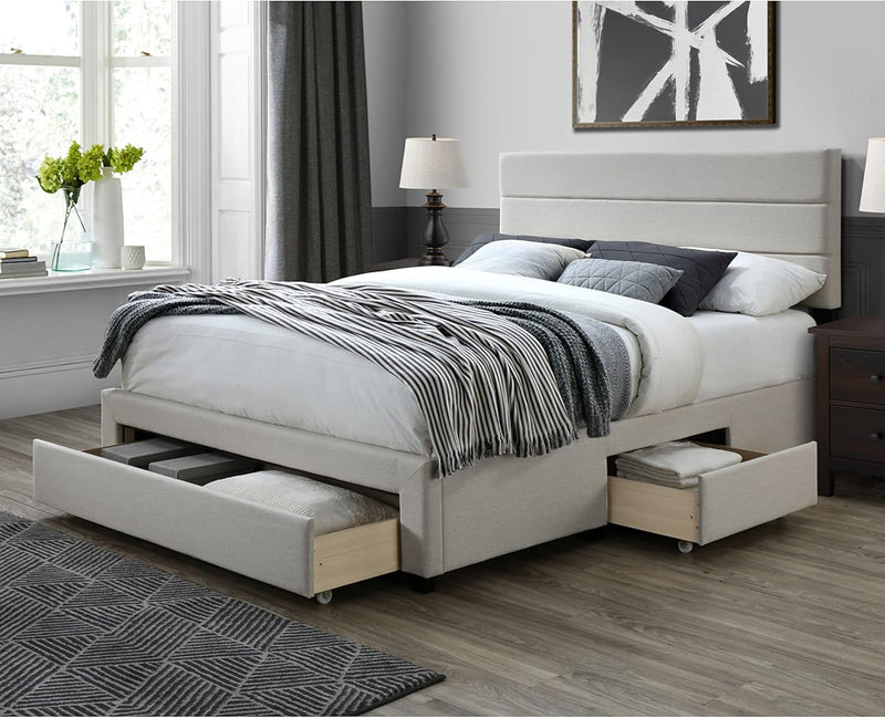 Flynn Bed Frame - Beige Fabric Upholstered Panel Bed Frame with Storage Drawers – Wood Queen Bed Frame with Headboard - Modern Tufted Horizontal Channel Headboard for Queen Bed - Puck's