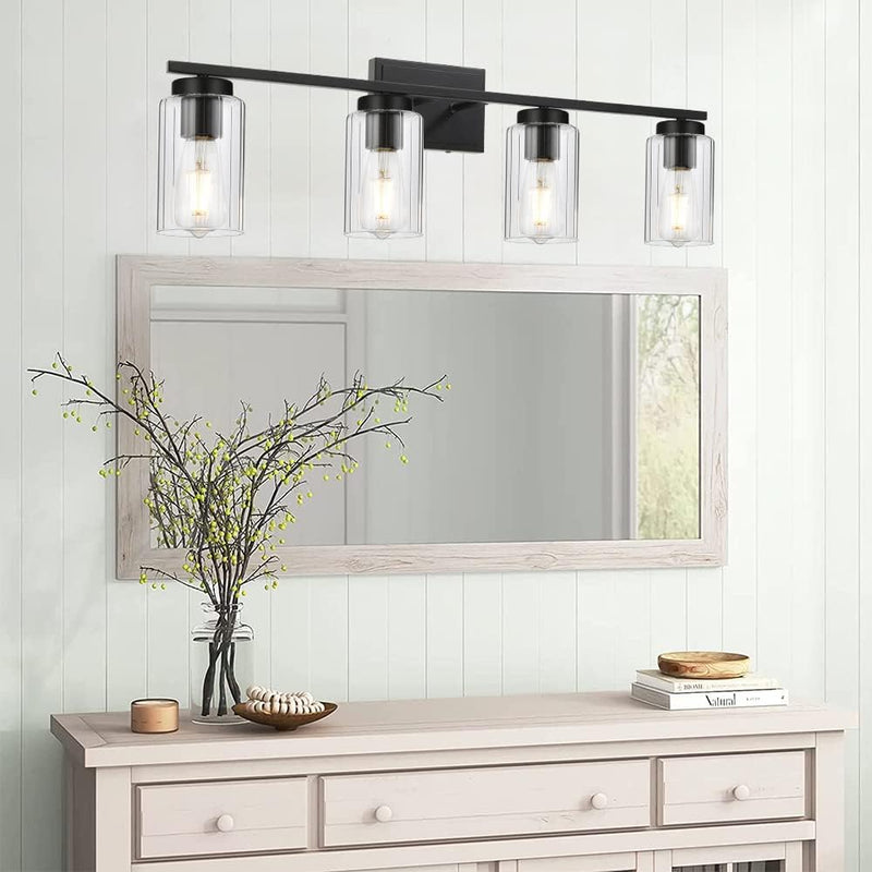 Industrial Bathroom Vanity Light 4 Light Bathroom Lighting Black Finish with Clear Ribbed Glass Shade Wall Lighting Fixtures for Bathroom Hallway Kitchen Living Room. - Puck's