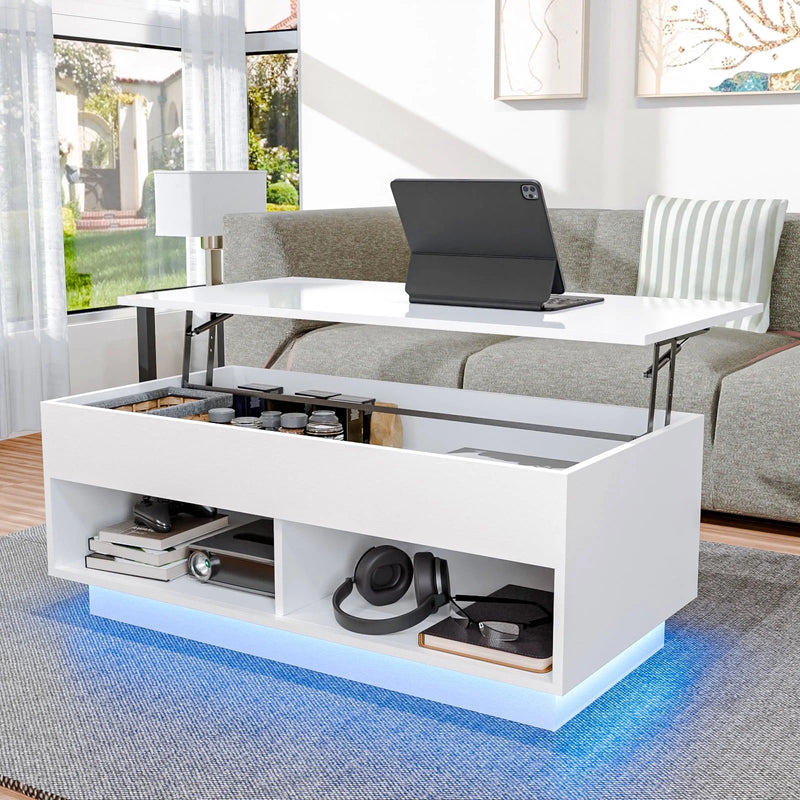 LED Lift Top Coffee Table with Hidden Compartment High Gloss White Coffee Tables Center Rising Cocktail Table for Living Room Accent Furniture - Puck's