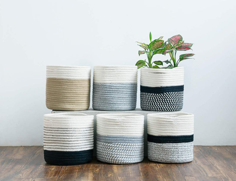 8"X7.5" Basket Planters for Indoor Plants, up to 7.5 Inch Flower Pot, Sturdy Woven Rope Organizer with Handle, Small, White Brown Stripes - Puck's