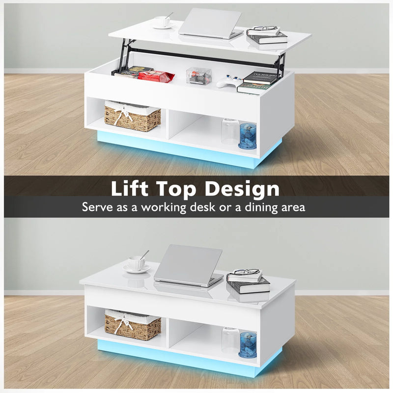 LED Lift Top Coffee Table with Hidden Compartment High Gloss White Coffee Tables Center Rising Cocktail Table for Living Room Accent Furniture - Puck's