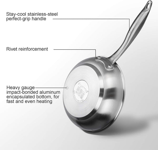 Tri-Ply Stainless Steel Frying Pan with Stay-Cool Handle, Professional 8 Inch Fry Pan with Induction Magnetic Bottom, Healthy Small Skillet, Dishwasher and Oven Safe - Puck's