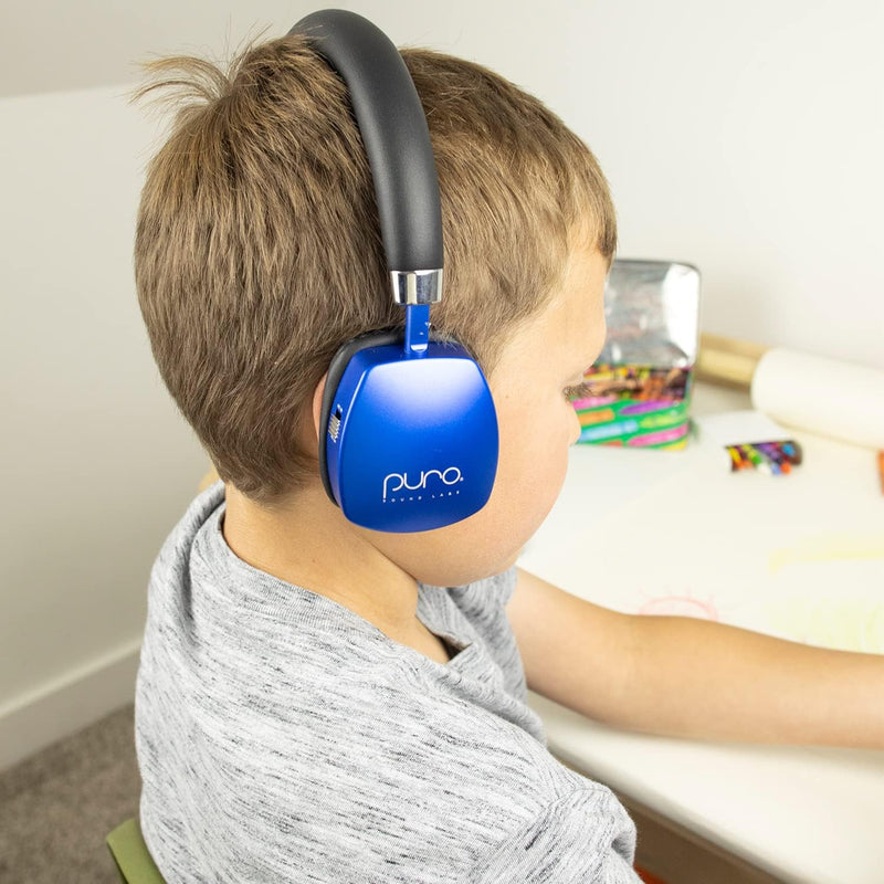 Puroquiets Volume Limited On-Ear Active Noise Cancelling Bluetooth Headphones – Lightweight Headphones for Kids with Built-In Microphone – Safer Sound Studio-Grade Quality (Dark Blue) - Puck's