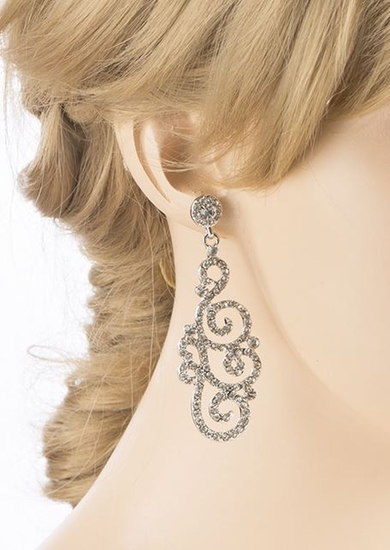 Bridal Wedding Crystal Rhinestone Swirl Vintage Dangle Earrings Silver - Puck's