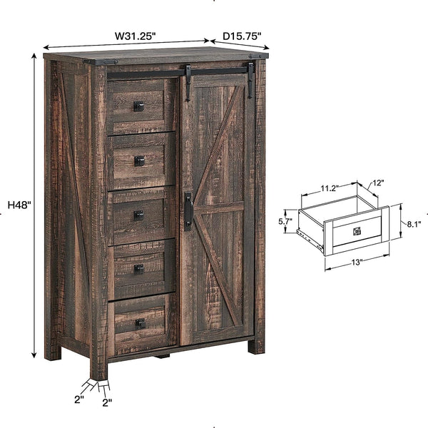 Modern Farmhouse 5-Drawer Dresser with Barn Door, Adjustable Storage Cabinet for Bedroom Living Room, Dark Rustic Oak - Puck's