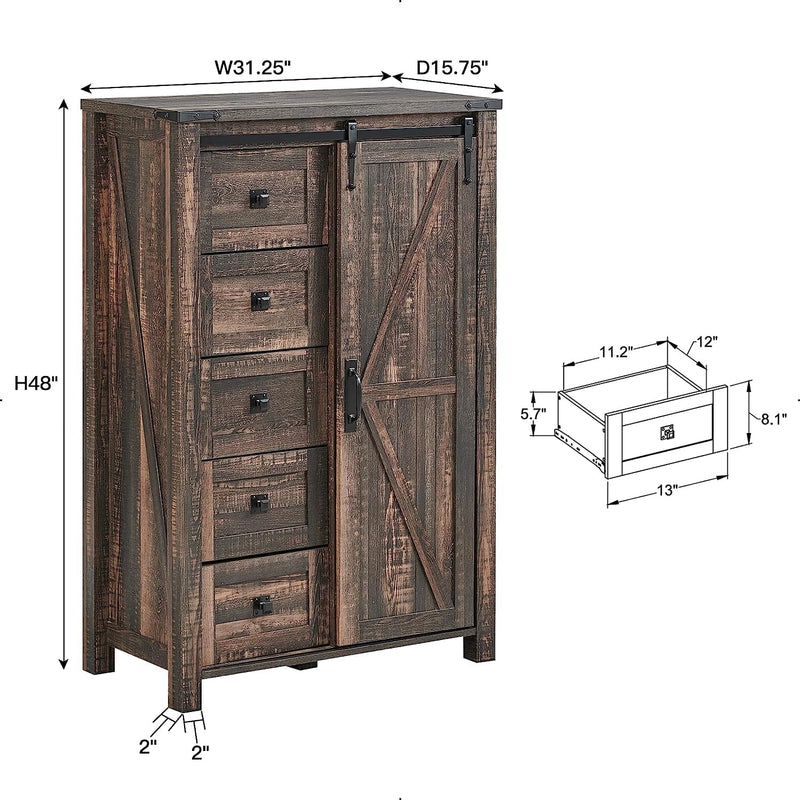 Modern Farmhouse 5-laden dressoir met schuurdeur, verstelbaar opbergmeubel voor slaapkamer, woonkamer, donker rustiek eiken - Puck's