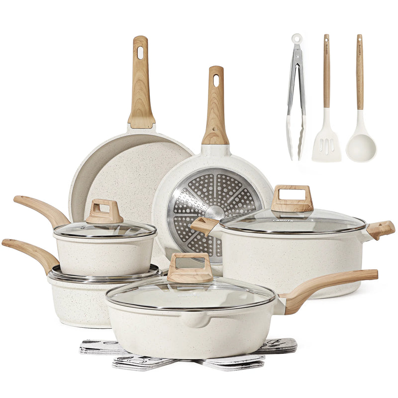 Nonstick Pots and Pans Set, 17 Pcs Granite Kitchen Cookware Sets (White) - Puck's