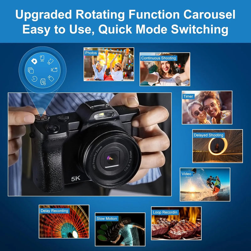 5K Digital Camera Autofocus 16X 48 MP Vlogging Camera for Youtube DSLR Video Cameras with 32G SD Card, Black