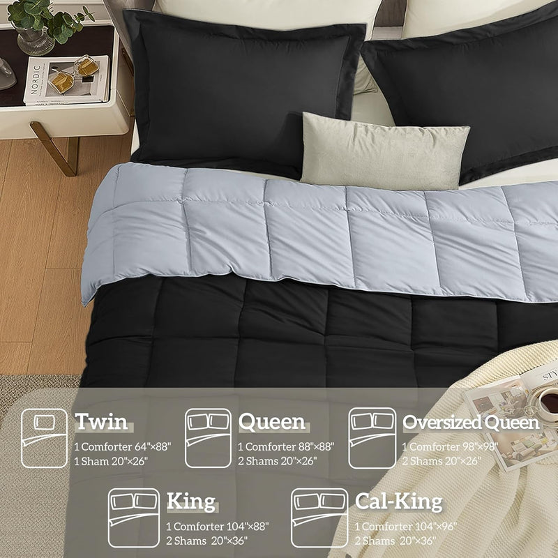 King Size Comforter Set Black, Lightweight Reversible Comforter Sets King Size Bed, Soft down Alternative King Bedding Sets All Season 3 Pcs Bed Set with 2 Shams Black/Light Grey - Puck's