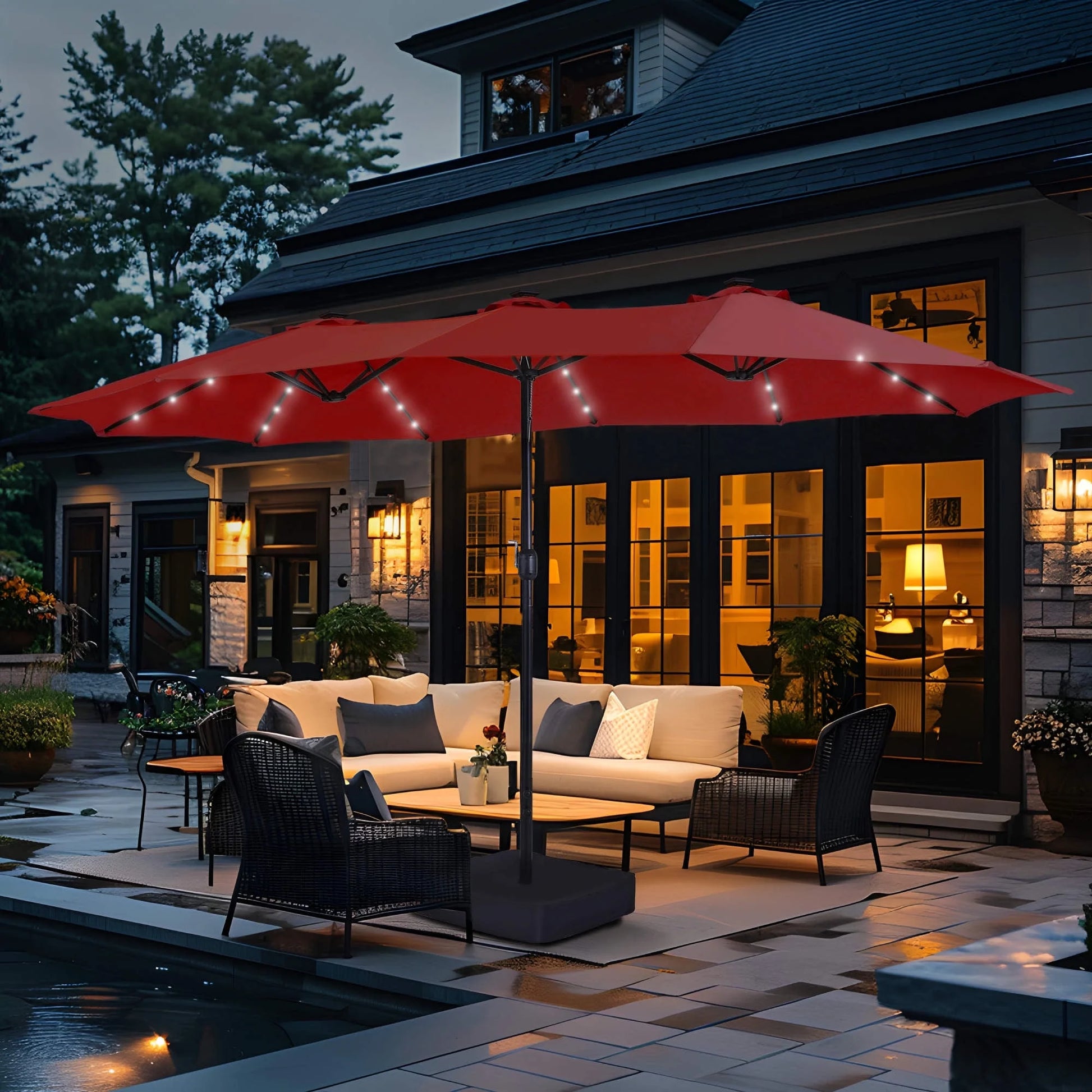 15Ft Double-Sided Solar Patio Umbrella with Base (Included) Large Outdoor Umbrella with Solar Lights - Burgundy - Puck's
