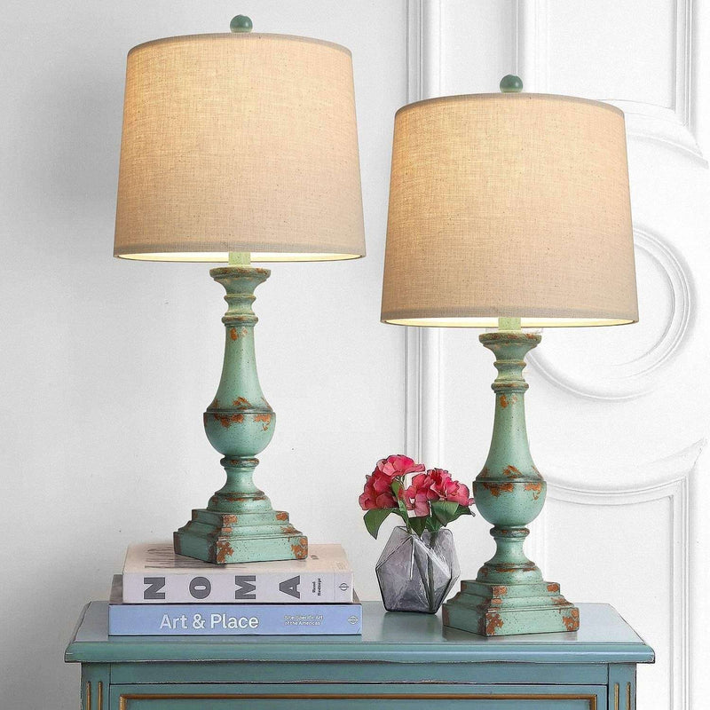 24.5" Rustic Table Lamp Set of 2 - Farmhouse Bedside Nightstand Lamps for Bedroom, Kids Room, Study Room, Office - Resin Green - Puck's