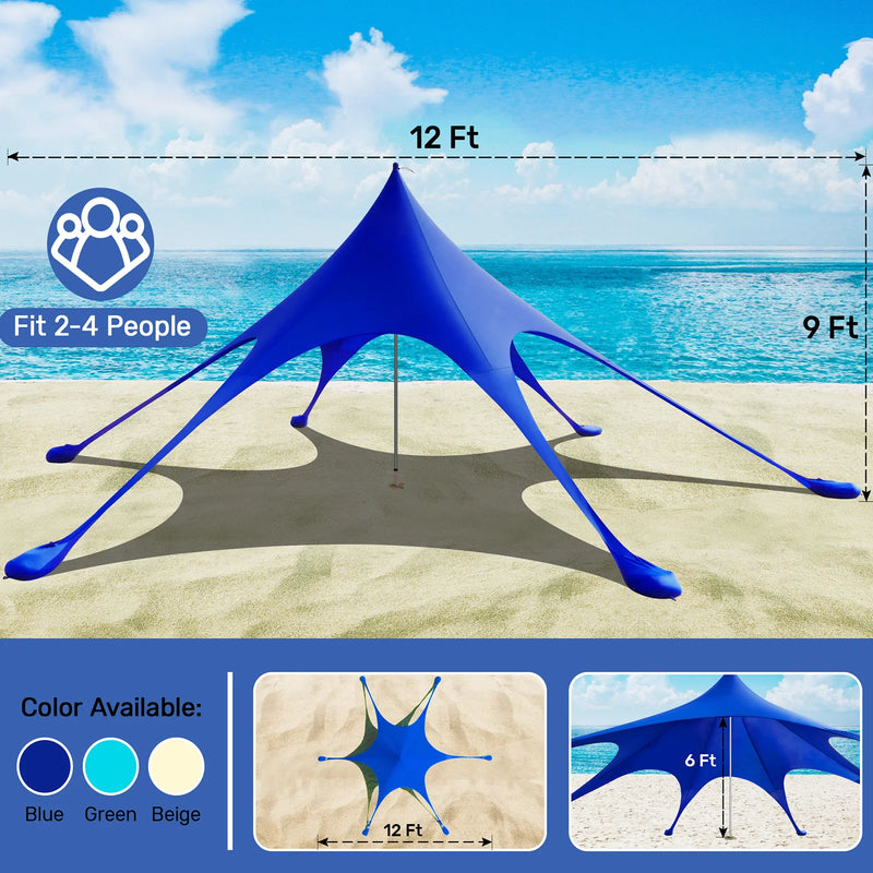 Beach Canopy Tent Sun Shade,  12X12 FT Beach Tent Sun Shelter UPF 50+ UV Protection with Sandbags , 1 Stability Poles and Ground Pegs and Anti-Wind Ropes,Blue