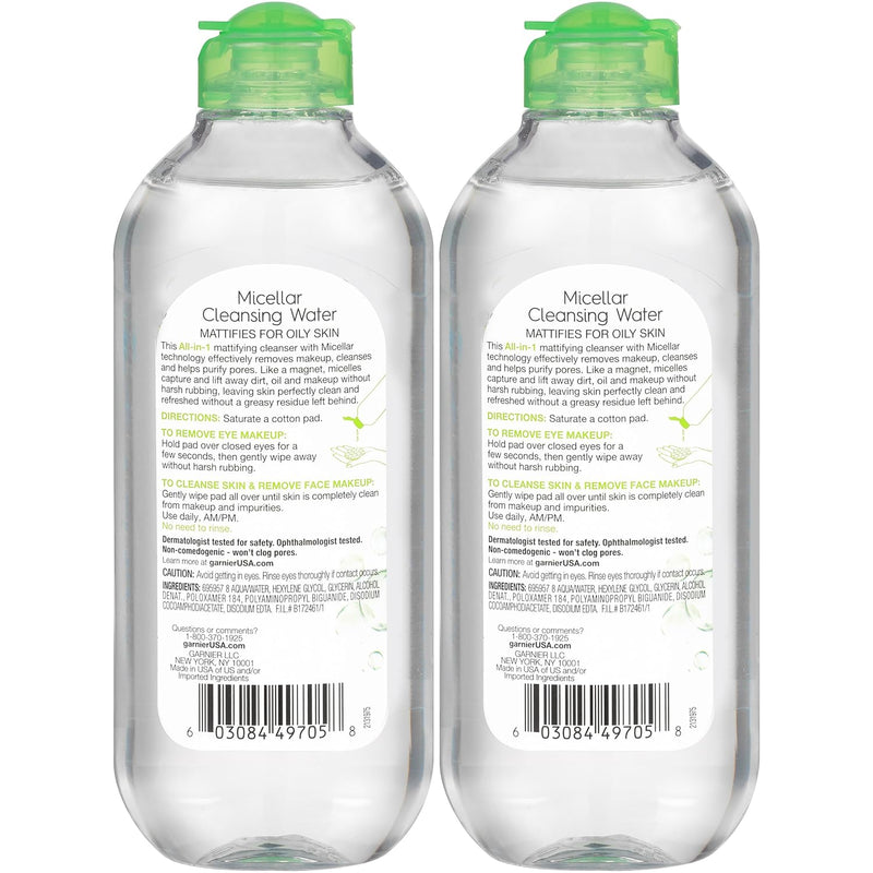 Micellar Water for Oily Skin, Facial Cleanser & Makeup Remover, Mattifying, for All Skin Types, Vegan, Cruelty Free, 13.5 Fl Oz (400Ml), 2 Count - Puck's
