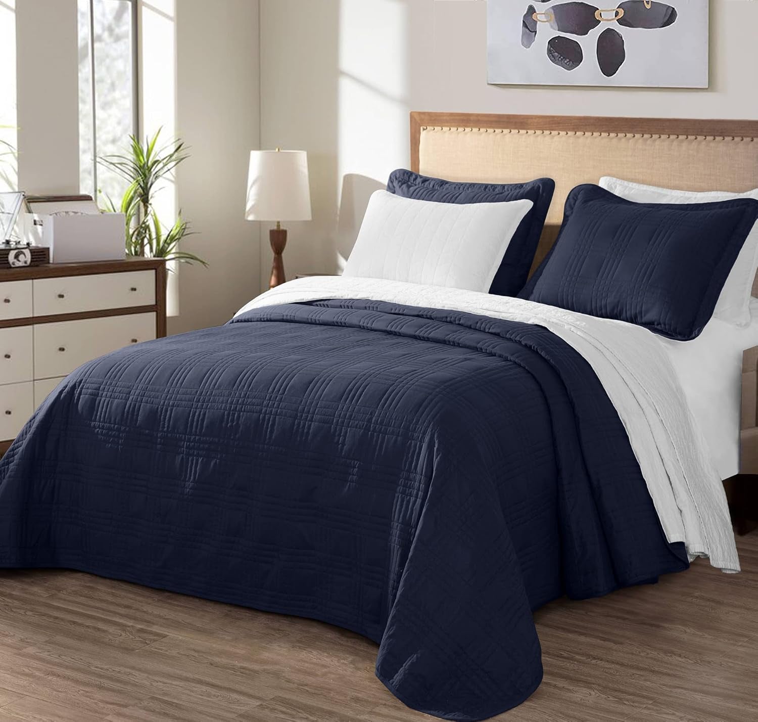 Kingston Queen Size Bedspread Set, 3-Piece Navy Oversized Quilted Microfiber Lightweight Bedspread Coverlet (100"X106") for All Seasons - Puck's