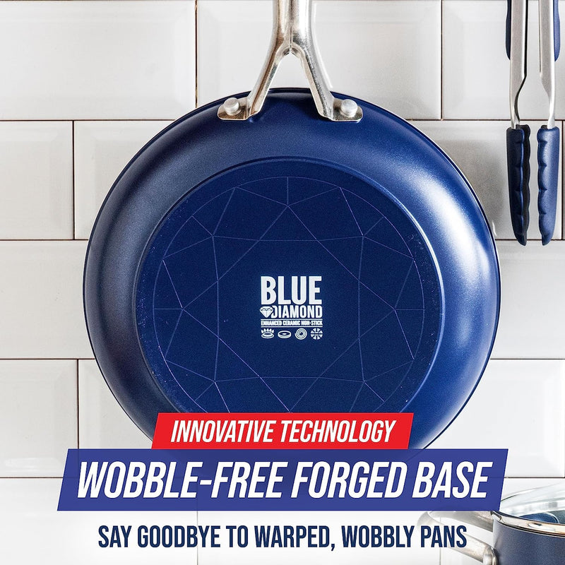 Cookware 10" Frying Pan Skillet, Diamond Infused Healthy Ceramic Nonstick, PFAS and Pfoa-Free, Dishwasher and Oven Safe, Even Heating, Metal Utensil Safe, Warp Control Base, Blue - Puck's