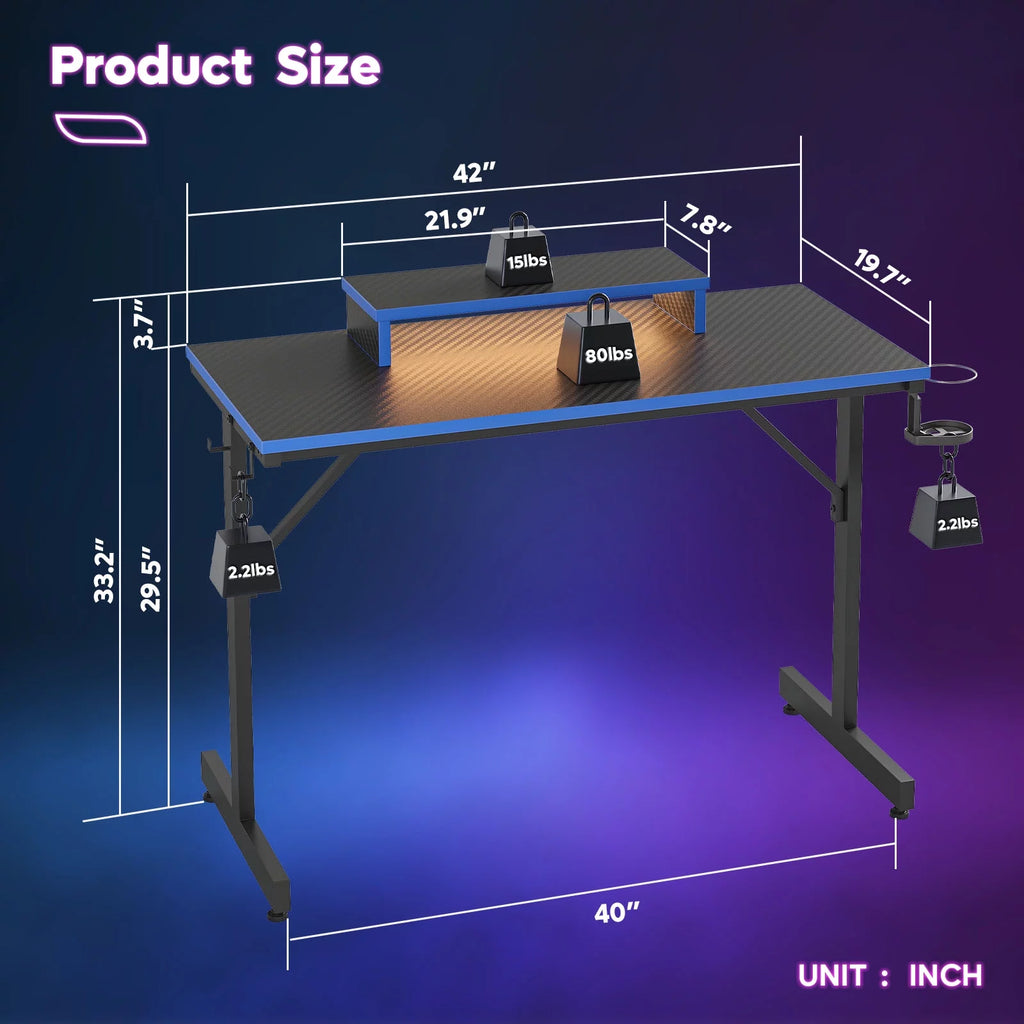 42" Gaming Desk PC Computer Table with LED Lights & Monitor Stand & Hook & Cup Holder in Blue - Puck's