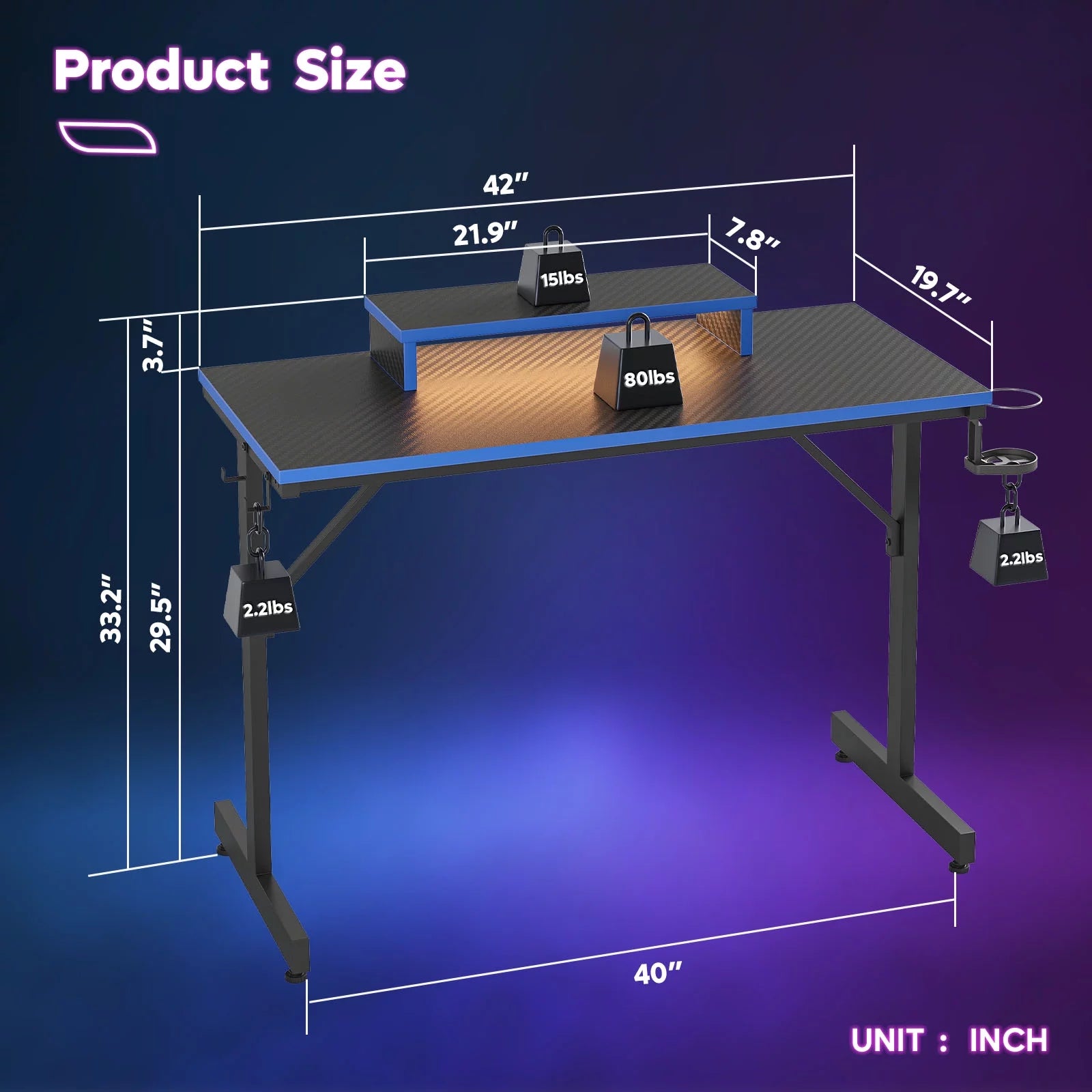 42" Gaming Desk PC Computer Table with LED Lights & Monitor Stand & Hook & Cup Holder in Blue - Puck's