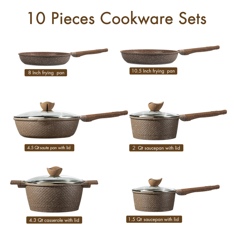 Nonstick Granite Cookware Sets, 10 Pcs Brown Pots and Pans, Induction Kitchen Cooking Set - Puck's