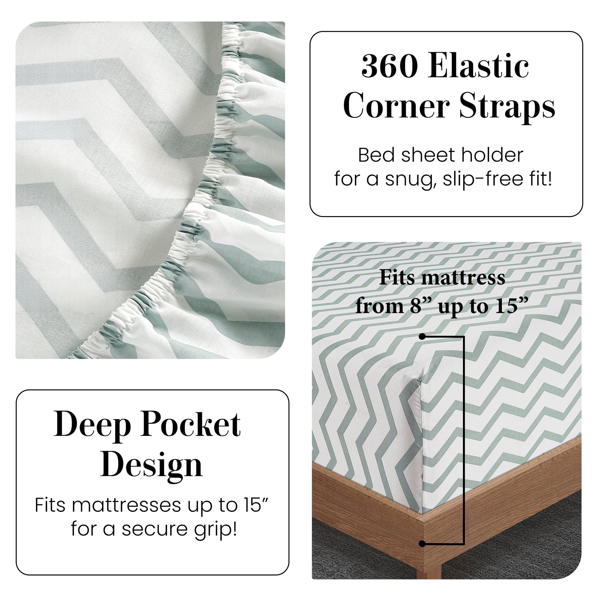100% Cotton 3 Piece Pure Percale Twin Size Bed Sheets Set, Fits Mattress Upto 15" Deep - Cool Blue Chevron