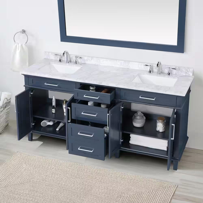 Sonoma 72 In. Dubbele Wastafel Midnight Blue Badmeubel met Carrara Marmeren Bovenblad (Gemonteerd) - Puck's