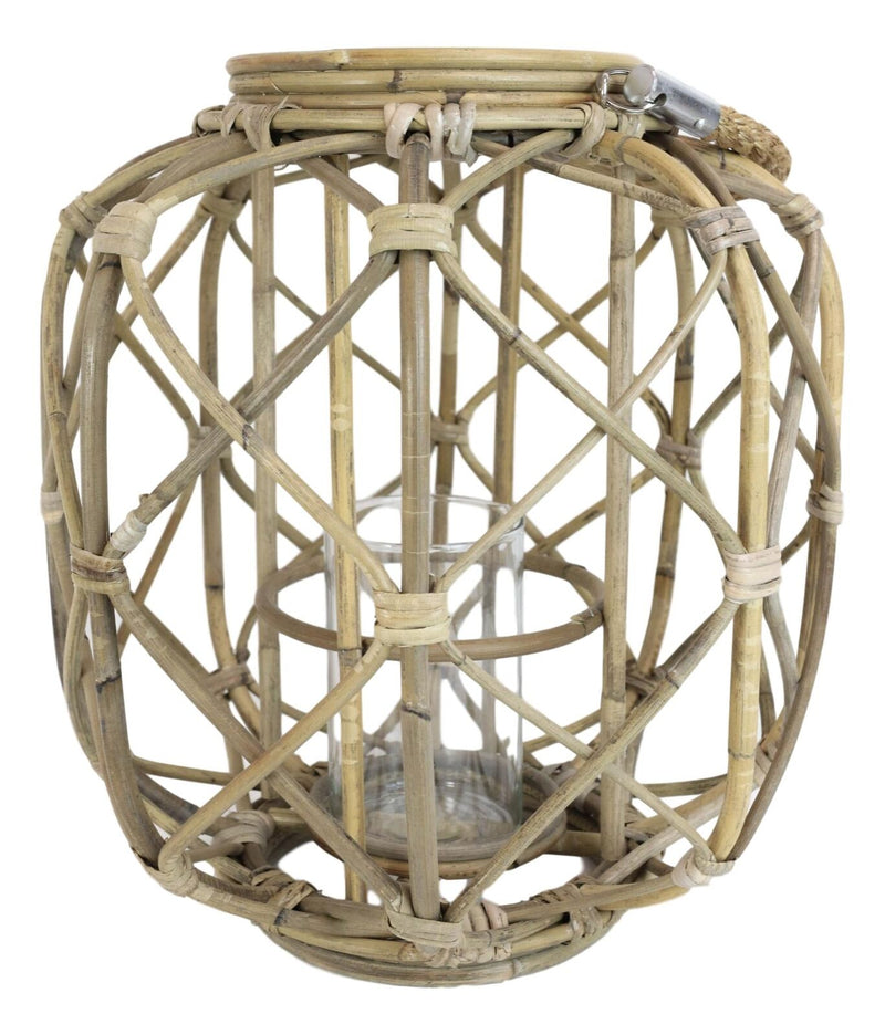 15"H Rustic Farmhouse Brown Woven Rattan Candle Lantern with Jute Rope Handle - Puck's