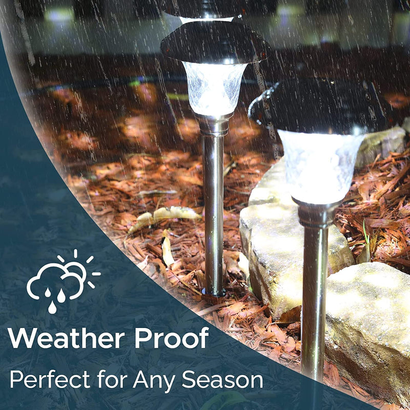 LED Auto Solar Powered Outdoor Path Lights with Watertight Lens for Garden Yard & Pathway, Bright Waterproof Landscape & Patio Lighting, Dusk to Dawn (Glass - White) - Puck's