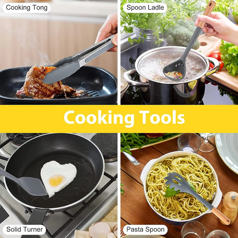 35Pcs  Chef Kitchen Cooking Utensils Set, Non-Stick Silicone Cooking Kitchen Utensils Spatula Set with Holder, Wooden Handle Silicone Kitchen Gadgets Utensil Set -Grey - Puck's