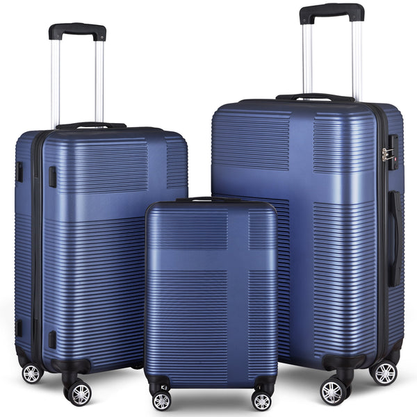 3 Piece Luggage Sets with TSA Lock ABS, Durable Luggage Set, Lightweight Suitcase with Hooks, Spinner Wheels, Cross Stripe Luggage Sets 20In/24In/28In(Dark Blue) - Puck's