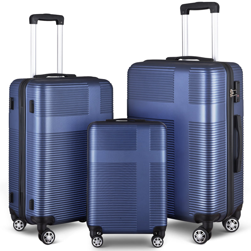 3 Piece Luggage Sets with TSA Lock ABS, Durable Luggage Set, Lightweight Suitcase with Hooks, Spinner Wheels, Cross Stripe Luggage Sets 20In/24In/28In(Dark Blue) - Puck's