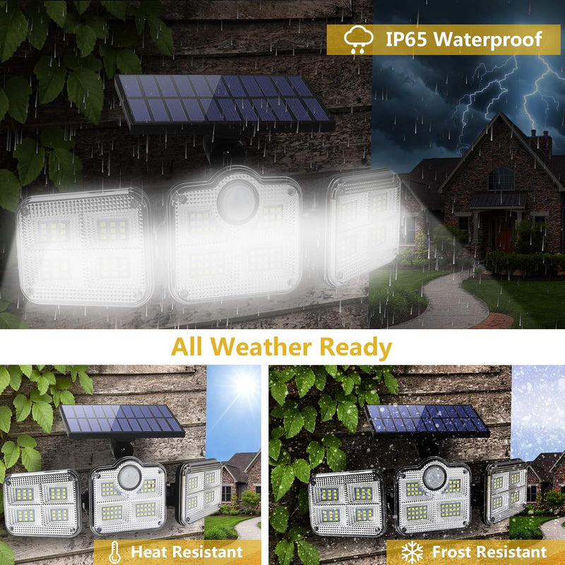 Solar Lights Outdoor Waterproof - Solar Motion Sensor Lights 270° Wide Angle: Solar Security Lights 3 Adjustable Heads LED Flood Lights Super Bright Solar Powered Wall Lights with Remote Control - Puck's